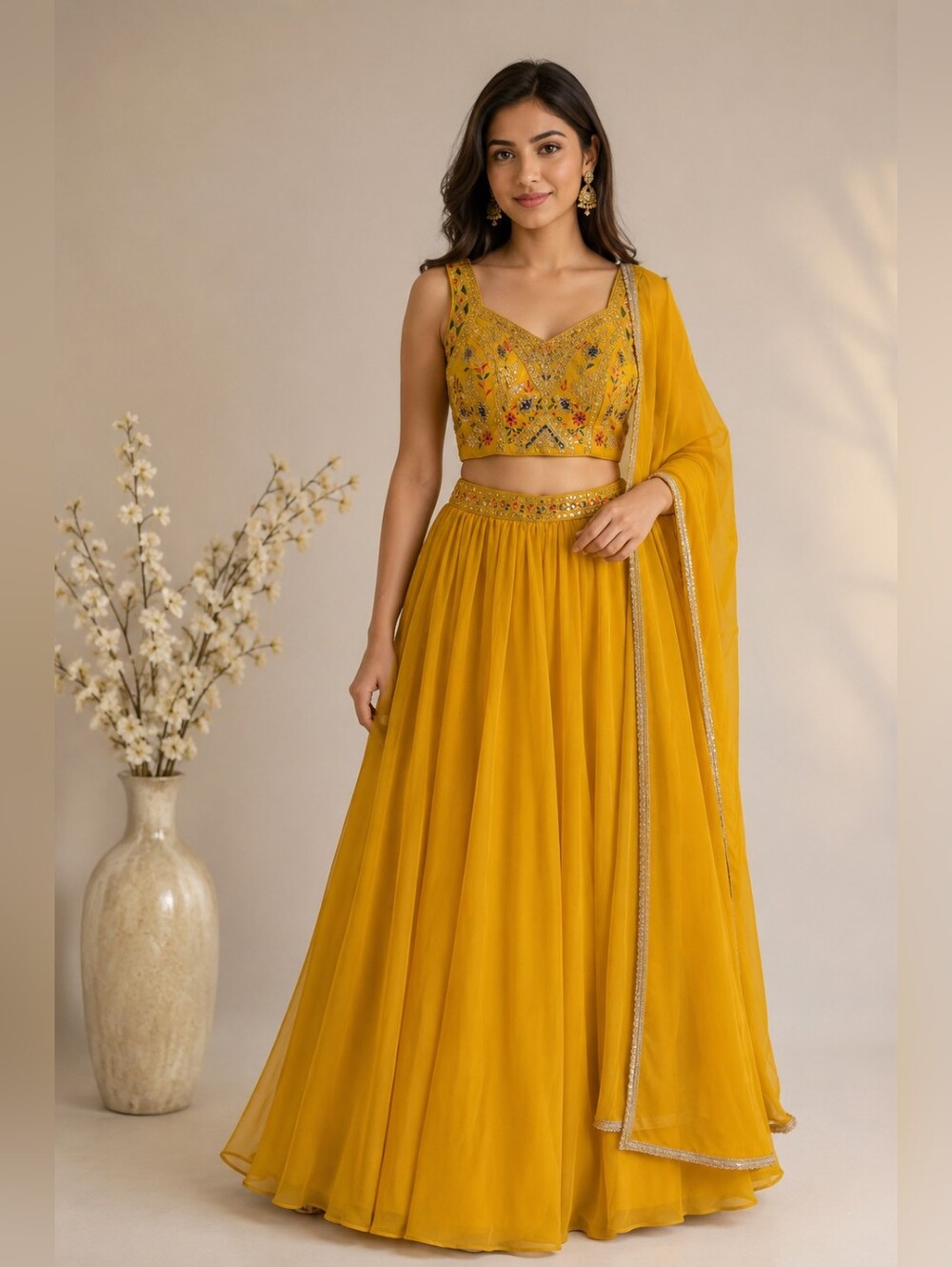 Elegant Yellow Gorgette Lehenga Choli